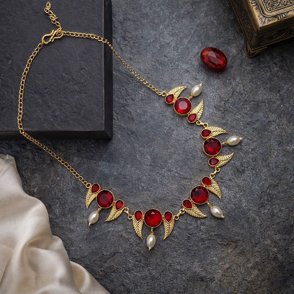 Gold Leaf Motif Statement Necklace Pearl Drop Design Elegant Designer Jewelry NEC05-GLD