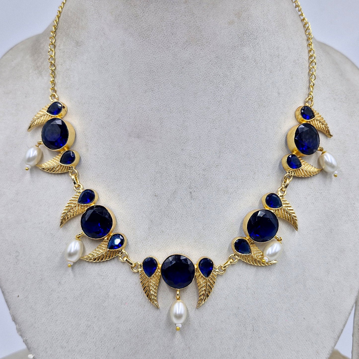 Gold Leaf Motif Statement Necklace Pearl Drop Design Elegant Designer Jewelry NEC05-GLD