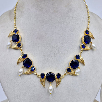 Gold Leaf Motif Statement Necklace Pearl Drop Design Elegant Designer Jewelry NEC05-GLD