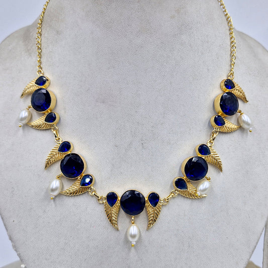 Gold Leaf Motif Statement Necklace Pearl Drop Design Elegant Designer Jewelry NEC05-GLD