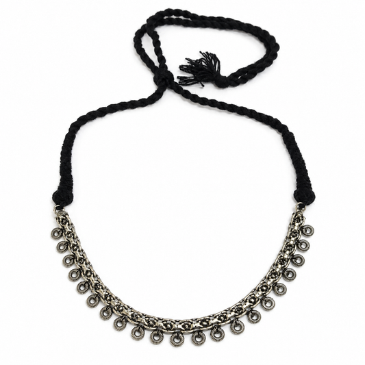 Black Thread Necklace Oxidized Silver Tribal Choker Statement Jewelry NEC07-SLV-PLN
