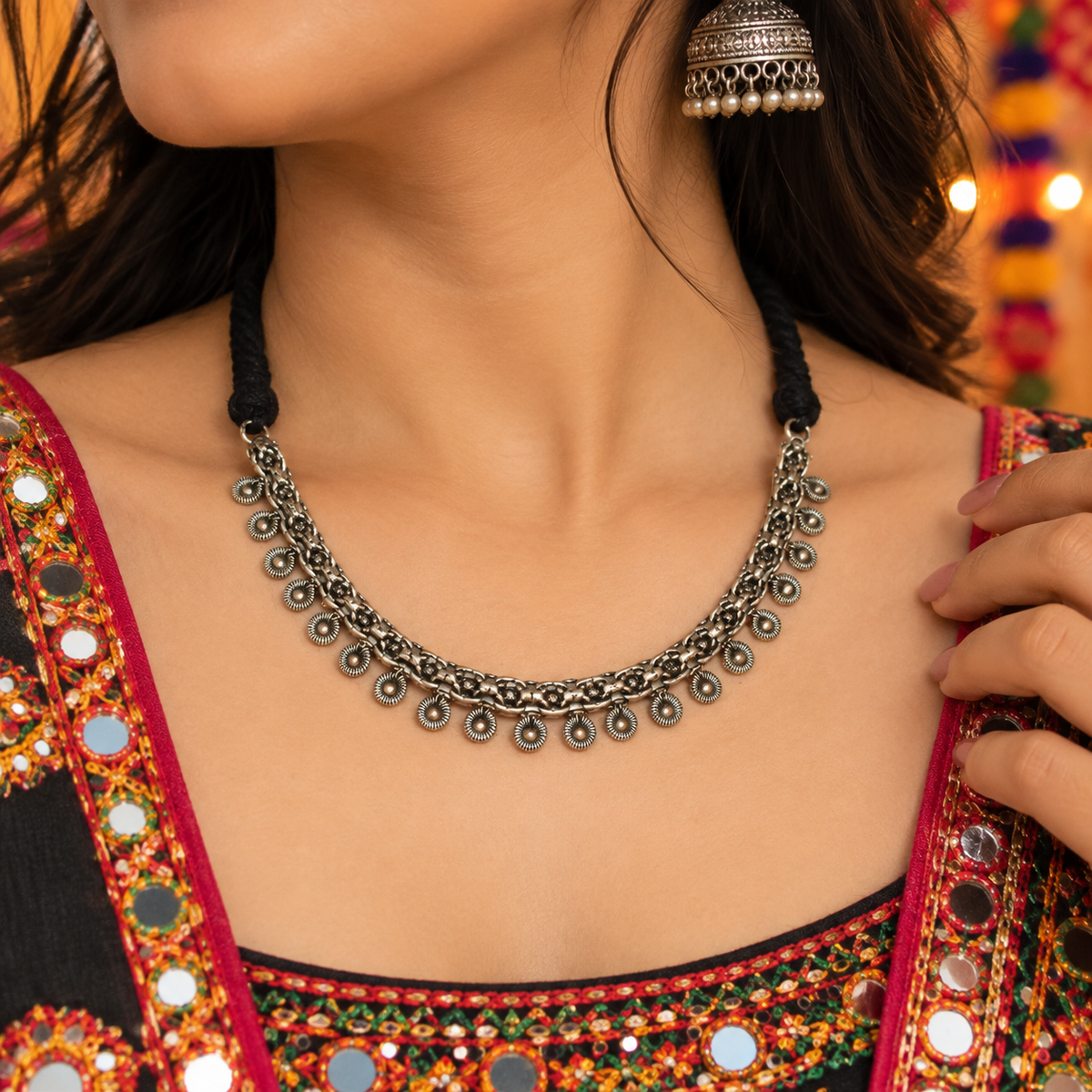 Black Thread Necklace Oxidized Silver Tribal Choker Statement Jewelry NEC07-SLV-PLN