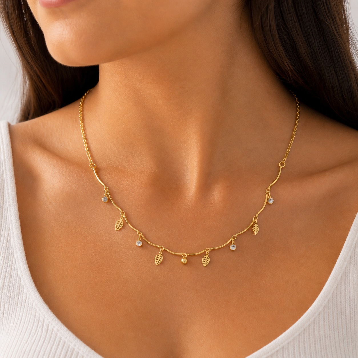 Gold Leaf Charm Necklace & Drop Earrings Set for Women NECEAR02-GLD