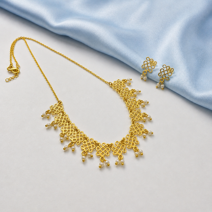 Gold Filigree Fringe Necklace & Earrings Set for Women NECST03-GLD