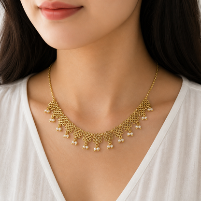 Gold Filigree Fringe Necklace & Earrings Set for Women NECST03-GLD