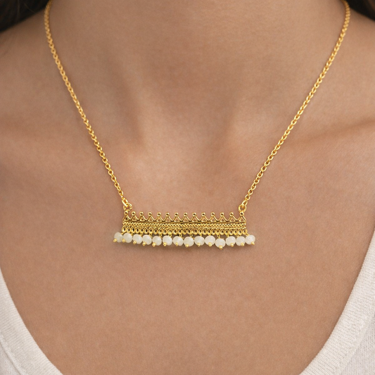 Gold Bar Pendant Necklace Beaded Fringe Detail Minimal Statement Jewelry PCH02-GLD