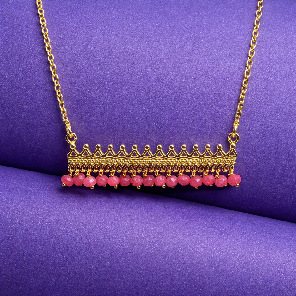 Gold Bar Pendant Necklace Beaded Fringe Detail Minimal Statement Jewelry PCH02-GLD