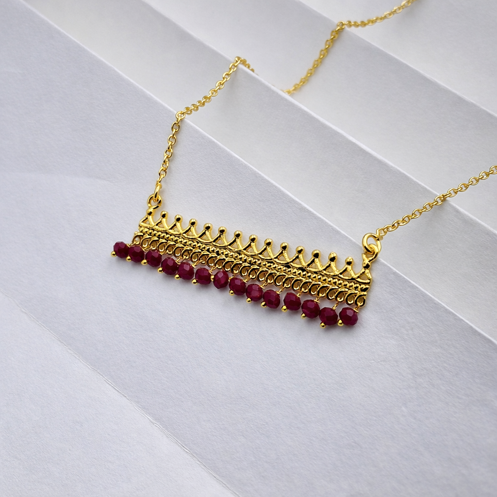Gold Bar Pendant Necklace Beaded Fringe Detail Minimal Statement Jewelry PCH02-GLD