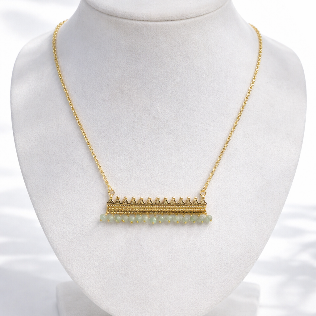 Gold Bar Pendant Necklace Beaded Fringe Detail Minimal Statement Jewelry PCH02-GLD