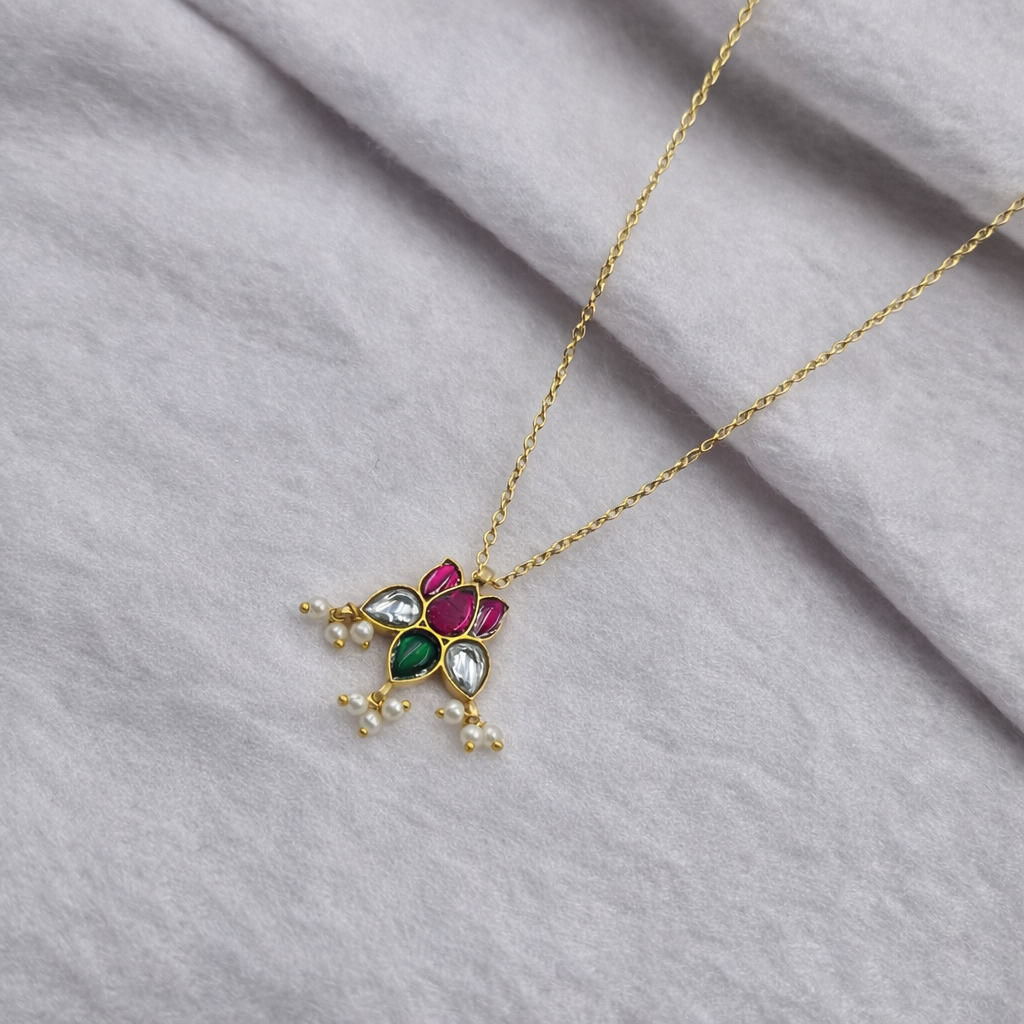 Gold Plated Jadau Floral Pearl Drop Pendant Necklace for Women PCH06-JDU