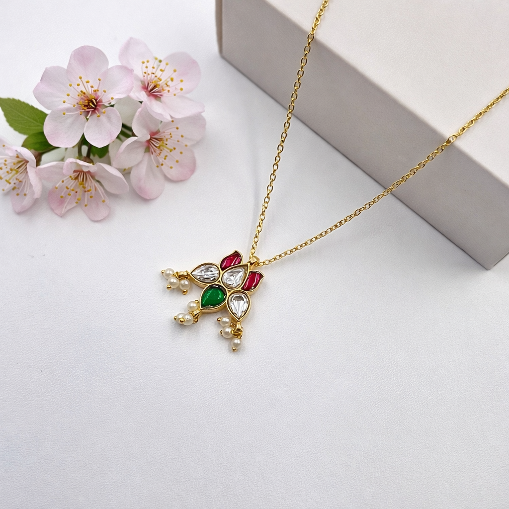 Gold Plated Jadau Floral Pearl Drop Pendant Necklace for Women PCH06-JDU