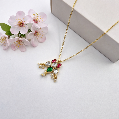Gold Plated Jadau Floral Pearl Drop Pendant Necklace for Women PCH06-JDU