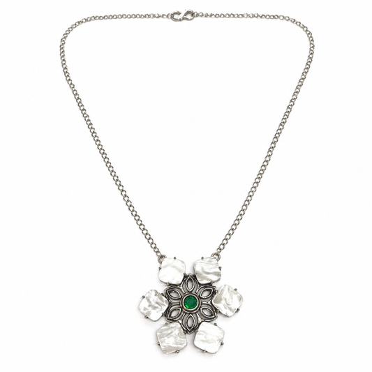 Pearl Flower Pendant Necklace Green Stone Floral Silver Necklace PCH07-SLV-LMOP+LCD07