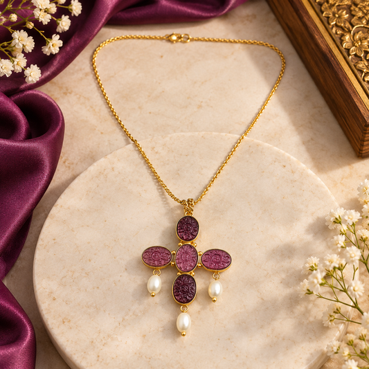 Purple Amethyst Pearl Cross Necklace Gold Plated Jewelry PCH08-GLD-LAMT04