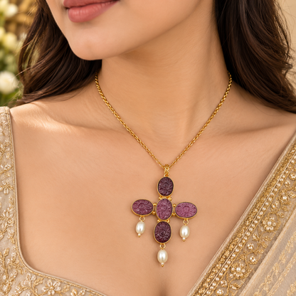 Purple Amethyst Pearl Cross Necklace Gold Plated Jewelry PCH08-GLD-LAMT04