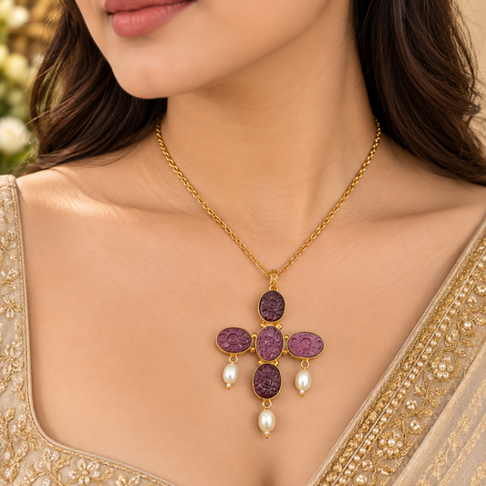 Purple Amethyst Pearl Cross Necklace Gold Plated Jewelry PCH08-GLD-LAMT04