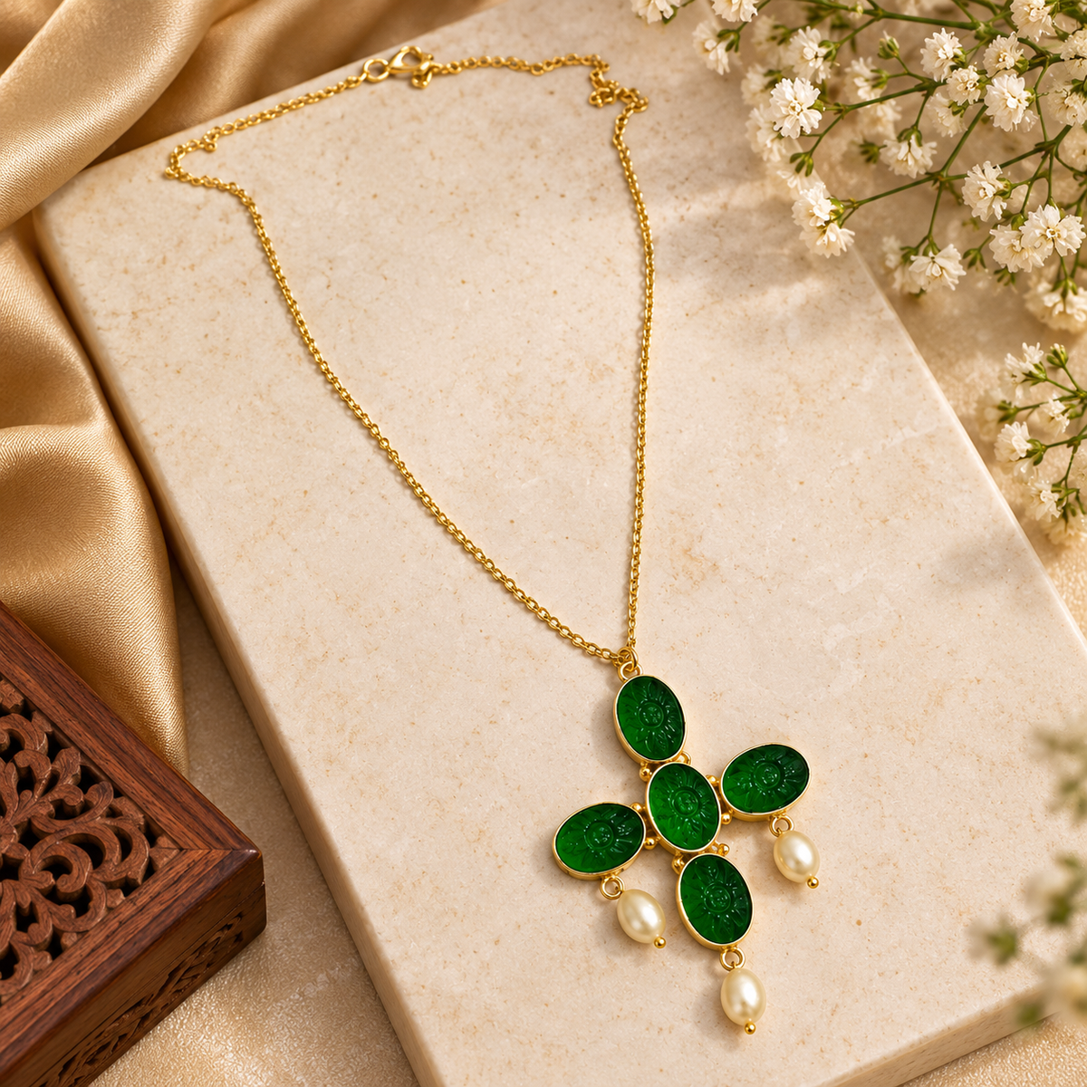 Chrome Diopside Pearl Cross Necklace Gold Plated Jewelry PCH08-GLD-LCD04