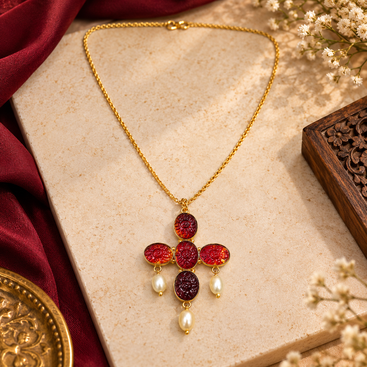 Garnet Pearl Cross Necklace Gold Plated Red Gemstone Jewelry PCH08-GLD-LGR04