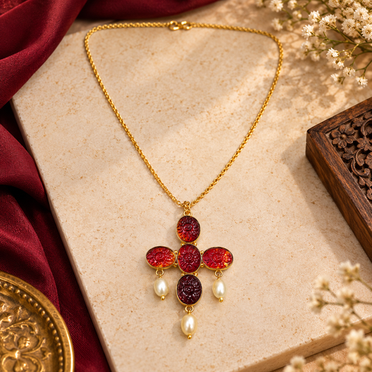Garnet Pearl Cross Necklace Gold Plated Red Gemstone Jewelry PCH08-GLD-LGR04