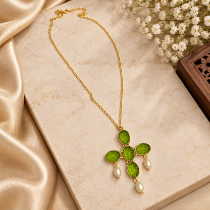 Peridot Pearl Cross Necklace Gold Plated Green Gemstone Jewelry PCH08-GLD-LPD04