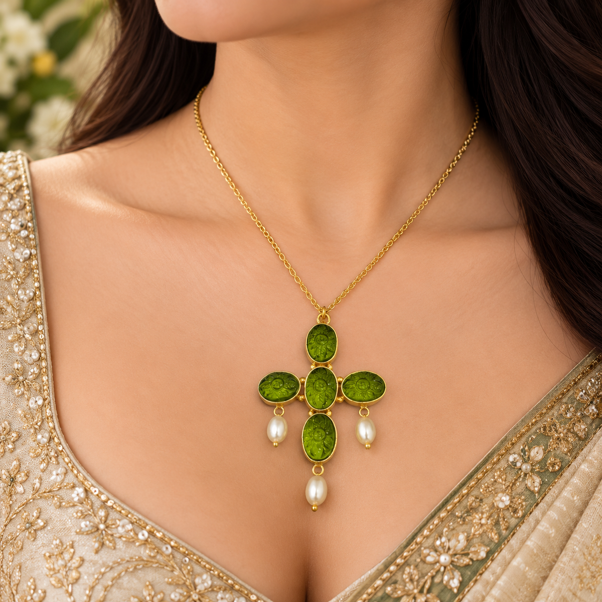 Peridot Pearl Cross Necklace Gold Plated Green Gemstone Jewelry PCH08-GLD-LPD04