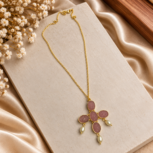 Rose Quartz Pearl Cross Necklace Gold Plated Pink Jewelry PCH08-GLD-LRQ04