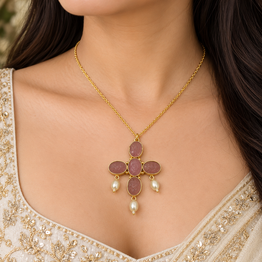Rose Quartz Pearl Cross Necklace Gold Plated Pink Jewelry PCH08-GLD-LRQ04