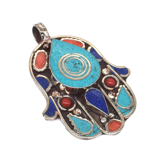 Nepalese Tibetan Hamsa Pendant Turquoise Lapis Lazuli Coral Hand Of Fatima PEN-11376