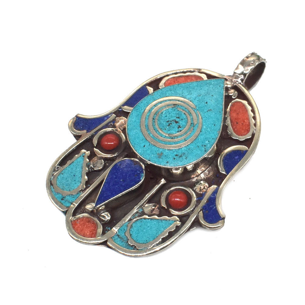 Nepalese Tibetan Hamsa Pendant Turquoise Lapis Lazuli Coral Hand Of Fatima PEN-11376