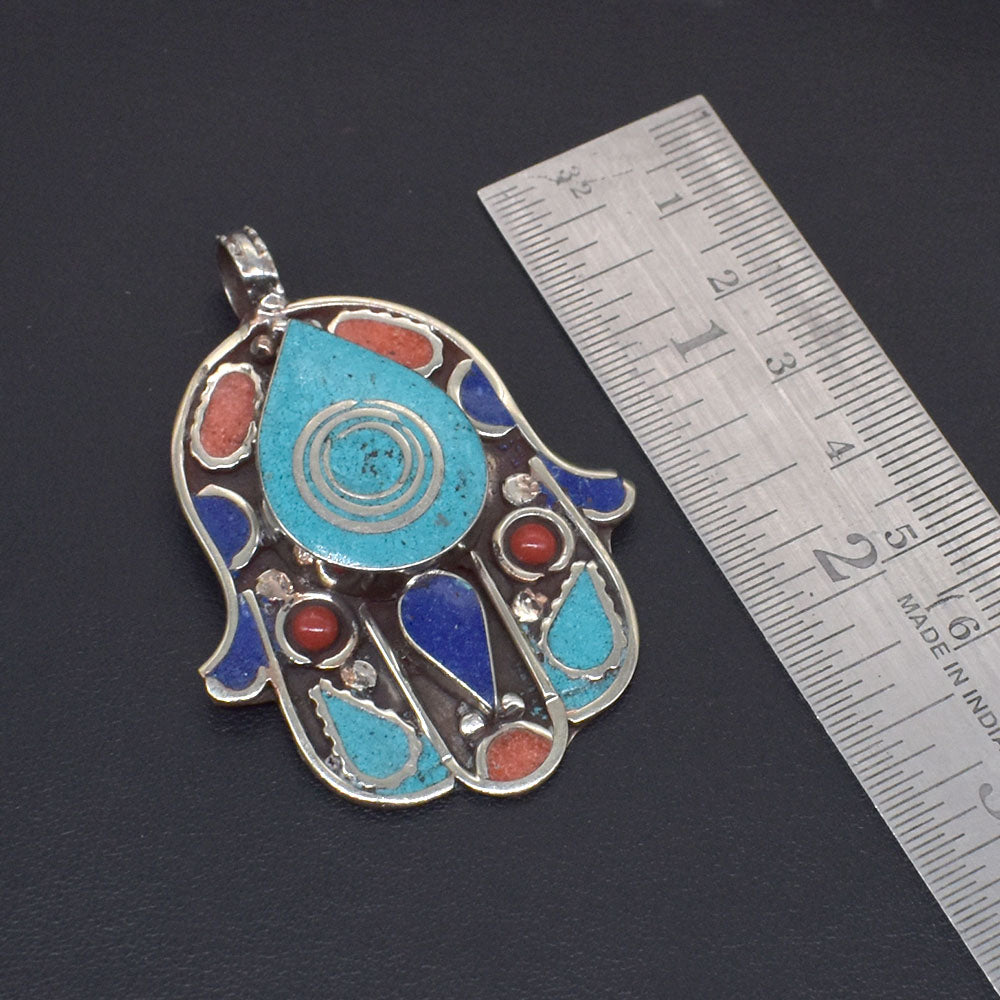 Nepalese Tibetan Hamsa Pendant Turquoise Lapis Lazuli Coral Hand Of Fatima PEN-11376