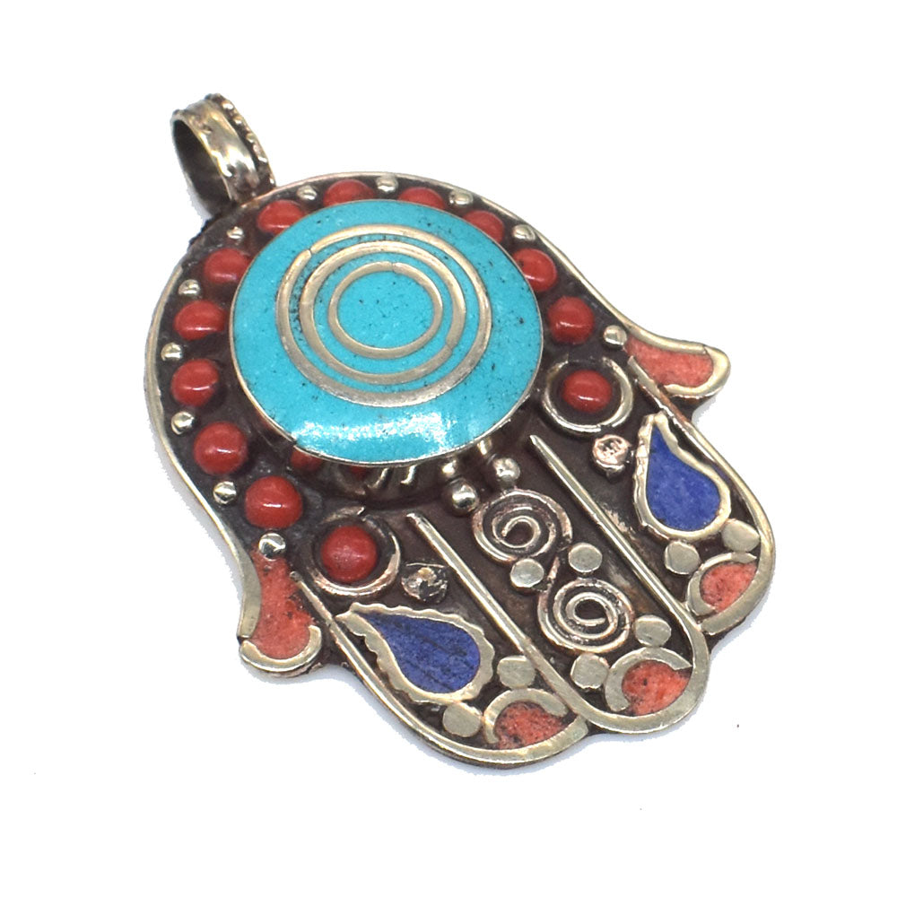 Tibetan Hamsa Pendant Turquoise Lapis Lazuli Coral Hand Of Fatima Jewelry PEN-11377