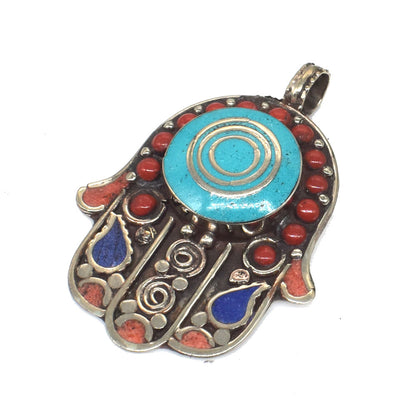 Tibetan Hamsa Pendant Turquoise Lapis Lazuli Coral Hand Of Fatima Jewelry PEN-11377