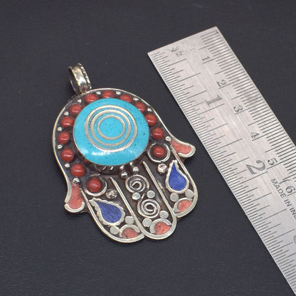 Tibetan Hamsa Pendant Turquoise Lapis Lazuli Coral Hand Of Fatima Jewelry PEN-11377