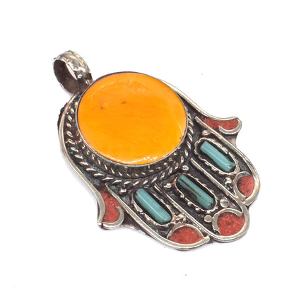 Elegant Tibetan Hamsa Pendant Turquoise Coral Gemstone Fashion Jewelry PEN-11378