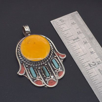 Elegant Tibetan Hamsa Pendant Turquoise Coral Gemstone Fashion Jewelry PEN-11378