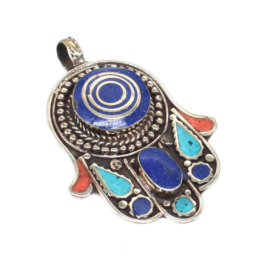 Turquoise Lapis Lazuli Coral Pendant Nepalese Tibetan Hamsa Jewelry PEN-11379