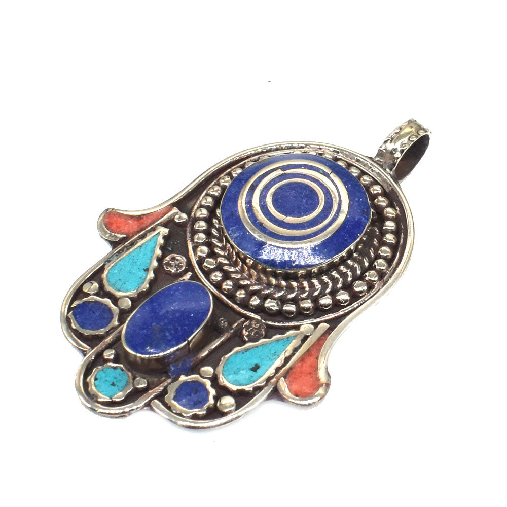 Turquoise Lapis Lazuli Coral Pendant Nepalese Tibetan Hamsa Jewelry PEN-11379