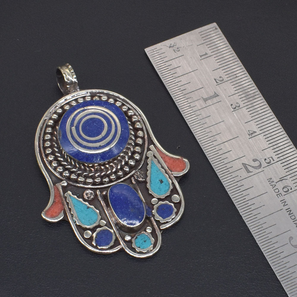 Turquoise Lapis Lazuli Coral Pendant Nepalese Tibetan Hamsa Jewelry PEN-11379