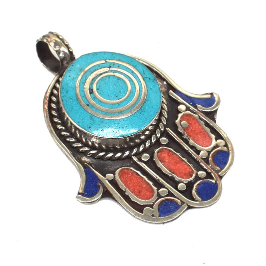 Hand Of Fatima Tibetan Jewelry Hamsa Pendant Turquoise Lapis Lazuli Coral PEN-11380