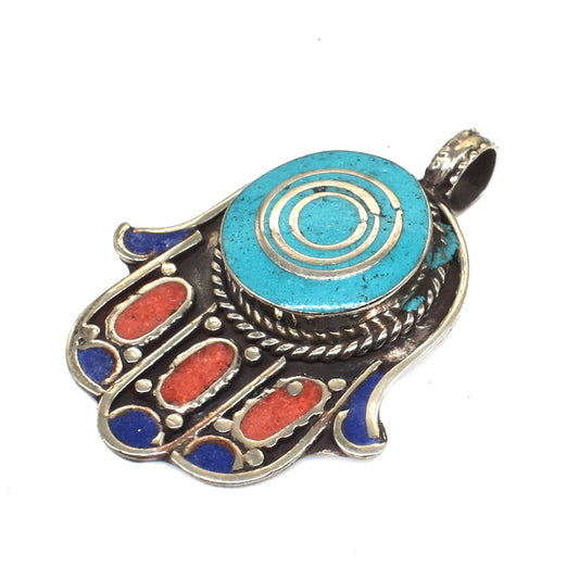 Hand Of Fatima Tibetan Jewelry Hamsa Pendant Turquoise Lapis Lazuli Coral PEN-11380