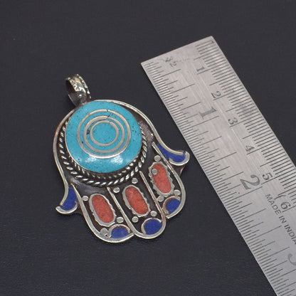 Hand Of Fatima Tibetan Jewelry Hamsa Pendant Turquoise Lapis Lazuli Coral PEN-11380