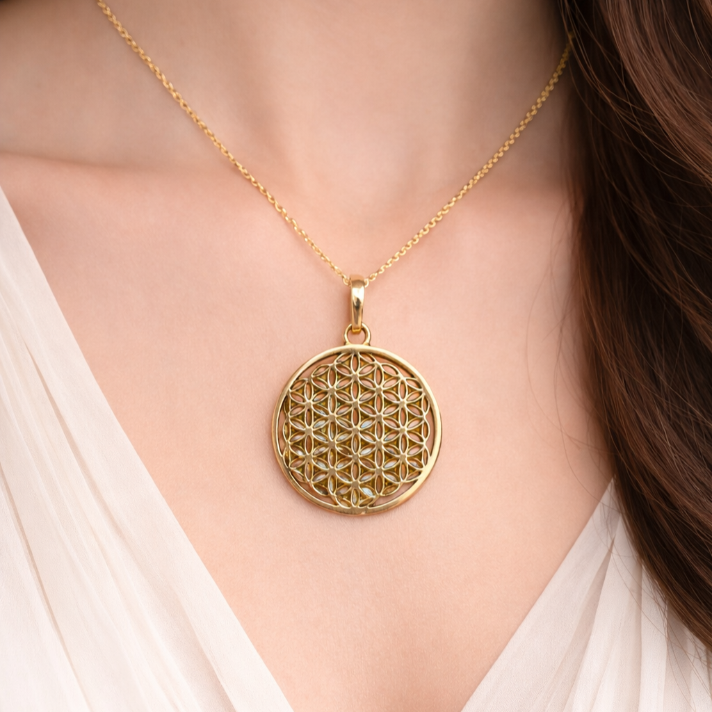 Gold Mandala Pendant Necklace Sacred Geometry Round Charm Minimal Jewelry PEN01-PLN