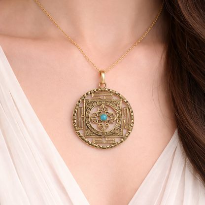 Brass Statement Pendant Necklace Geometric Round Design Vintage Style Jewelry PEN02-BRS