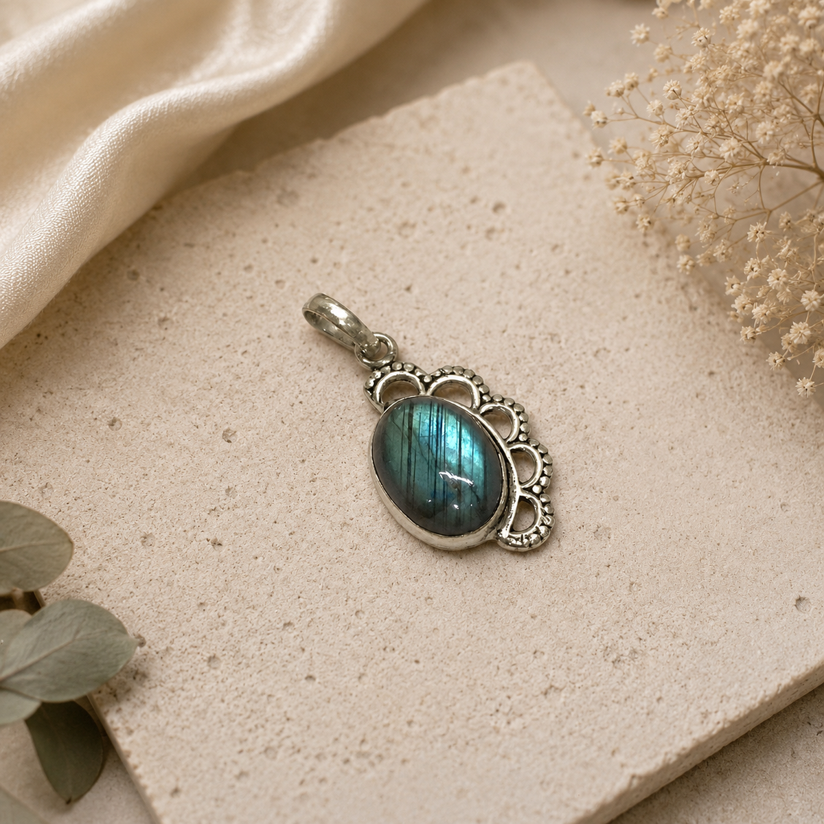 Labradorite Oval Pendant, Oxidized Silver Boho Gemstone Jewelry PEN100-SLV-NLBD01