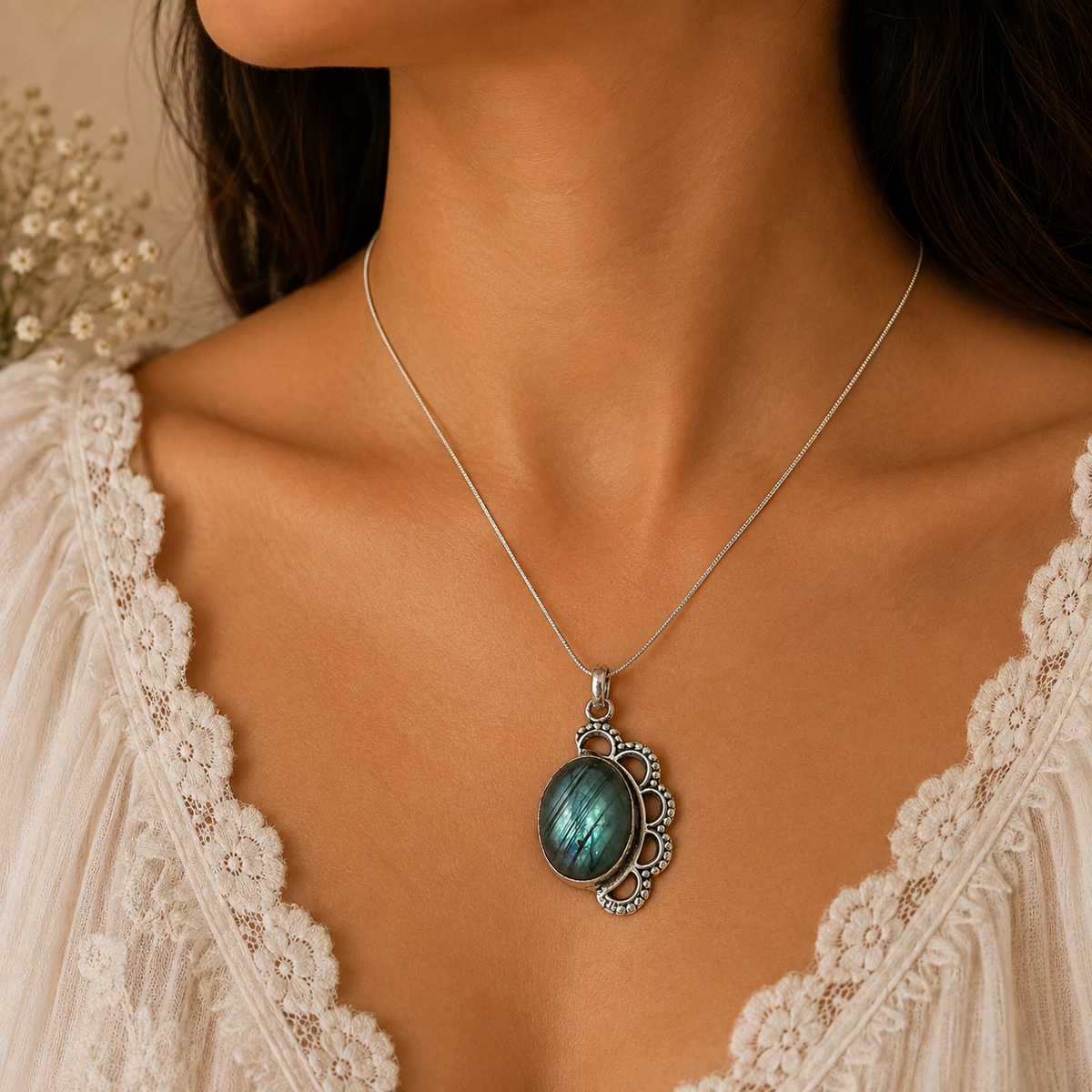 Labradorite Oval Pendant, Oxidized Silver Boho Gemstone Jewelry PEN100-SLV-NLBD01