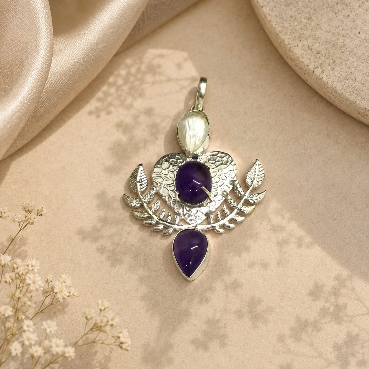 Amethyst Pearl Pendant Floral Leaf Boho Gemstone Jewelry PEN104-SLV-NAMT-NPRL03