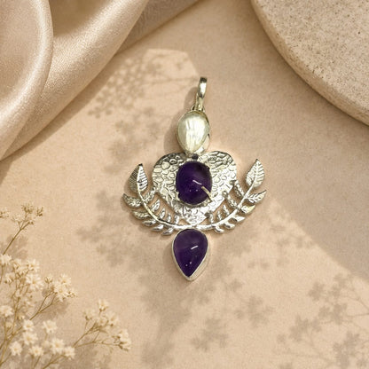 Amethyst Pearl Pendant Floral Leaf Boho Gemstone Jewelry PEN104-SLV-NAMT-NPRL03