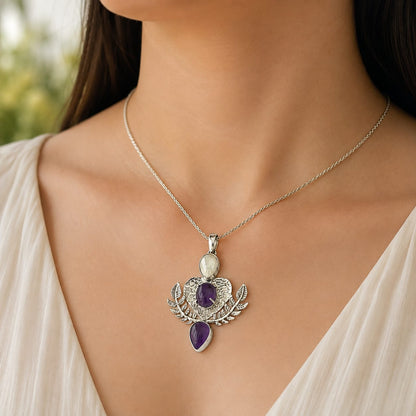 Amethyst Pearl Pendant Floral Leaf Boho Gemstone Jewelry PEN104-SLV-NAMT-NPRL03