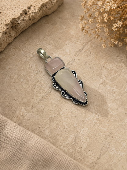 Rose Quartz Gold Plated Pendant, Pearl Dangle Boho Statement Jewelry PEN106-SLV-NRQ02