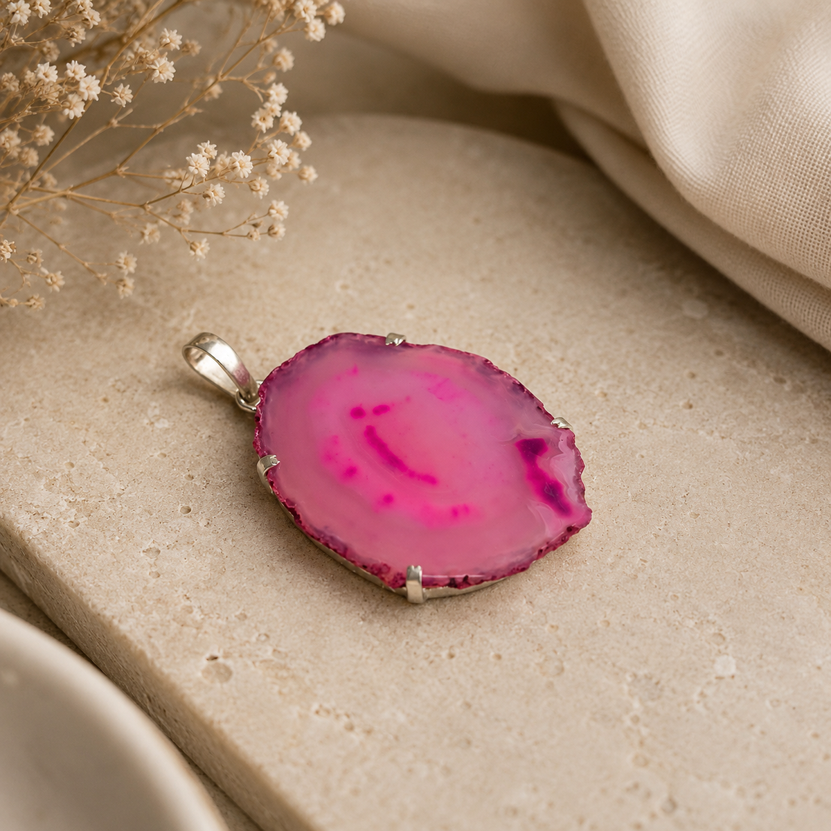 Natural Pink Agate Slice Pendant, Silver Tone Boho Statement Jewelry PEN107-SLV-NSAG01